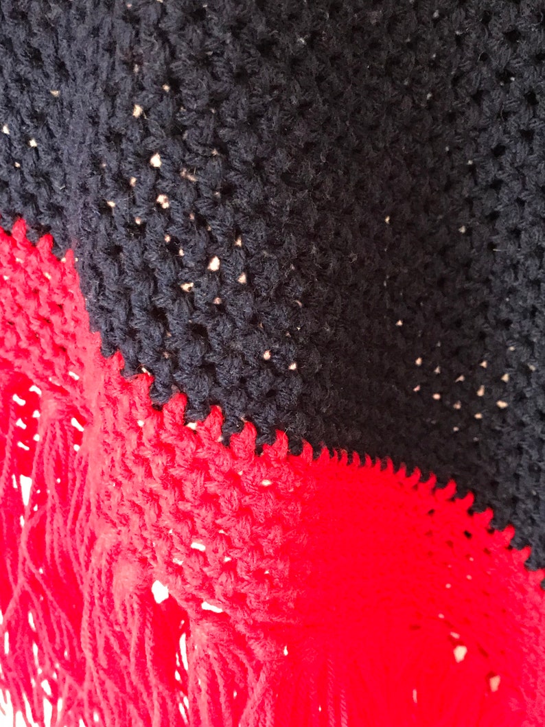 Vintage Blue and Red Crochet Knitted Poncho Shawl with Drawstring Free Size from Portugal