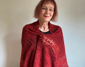 Hand Knitted Lace Shawl: Merino Alpaca Blend, Tomato Red