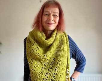Hand Knitted Lace Shawl: Oversized Pure Wool Wrap, Spring Green