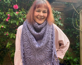 Hand-Knit Lavender Lace Shawl: Superwash Wool Triangle Wrap