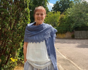Handknitted Lace Shawl: Denim Blue Tweed Wool Silk Scarf
