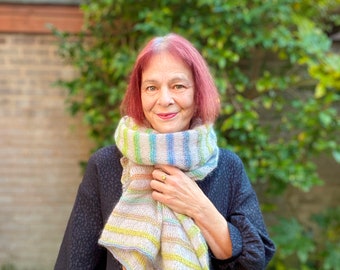 Hand Knitted Mohair Shawl: Striped Pastel Rainbow Beaded Tassel