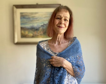 Hand Knitted Lace Shawl: Beaded Merino Mohair Blend