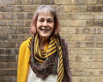 Hand Knitted Lace Shawl: Striped Wool Asymmetric Wrap