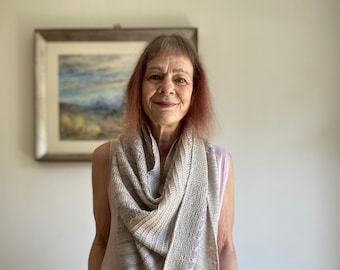 Hand Knitted Linen Shawl: Oversized Striped Tassel Shoulder Wrap