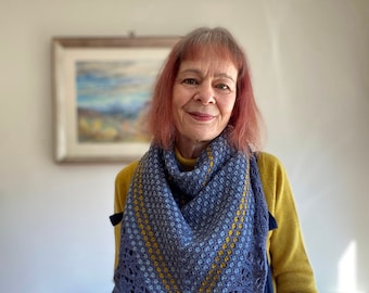 Hand Knitted Lace Shawl: Merino Cashmere Blend, Blue Dotted Triangle Scarf