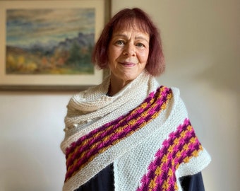 Hand Knitted Alpaca Shawl: Multicoloured Textured Shoulder Wrap