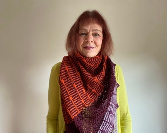 Hand Knitted Merino Wool Lace Shawl: Oversized Color Block Triangle Wrap