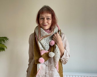 Hand Knitted Lace Shawl: Oversized Wool Triangle Wrap with Pom-Poms