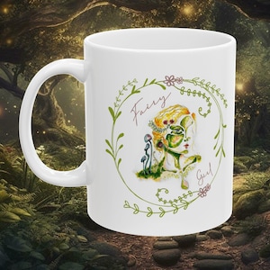 Mystical Fairy Cottage Core Coffee Mug, Watercolor Art Gift for Mushroom Lovers
