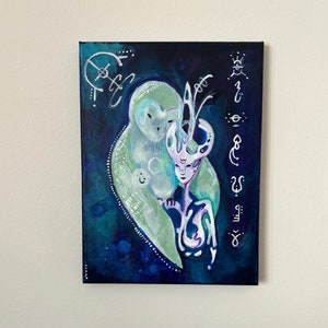 Alien Owl Original Acrylic Painting on Canvas Surreal Owl Wall Art Spiritual Runes
