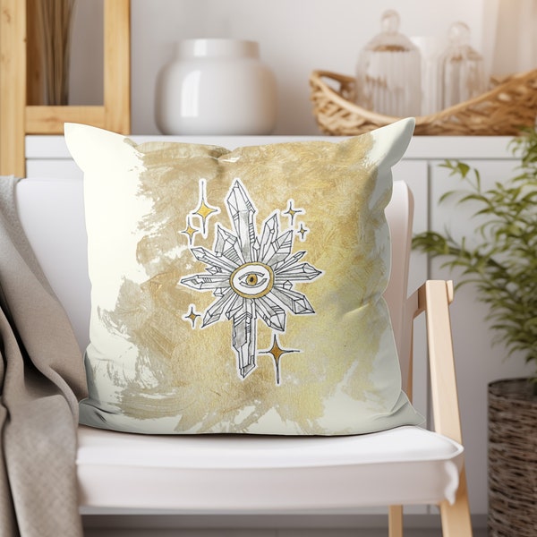 Crystal Eye Throw Pillow Minimalistic Boho Home Decor Crystal Lovers Gift Crystal Illustration Art for Witchy Bedroom Faux Suede Pillow