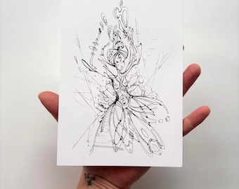 Surreale Göttin Tuschezeichnung Kunstdruck 13x20 – Schwarz-Weiß-Fantasie Illustration Wandkunst