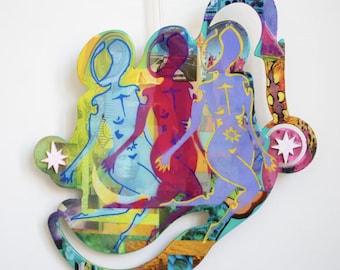Original Mischtechnik auf Holz „Astral Schwestern“ Collage Zeitgenössische Kunst