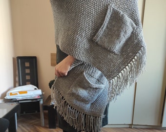 Pocket shawl Knitted scarf cozy shawl Knit wrap Wool shawl Wraps shawls Grey shawl Fringed shawl Evening shawl Knit pocket Wool