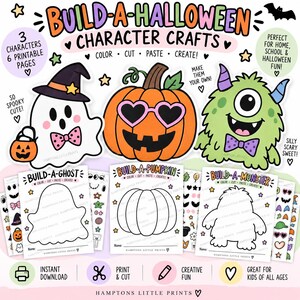 May include: A printable Halloween craft set featuring three characters: a ghost with a witch hat, a pumpkin with heart-shaped glasses, and a green monster. The set includes six pages with outlines for coloring, cutting, and pasting, labeled Build-A-Ghost, Build-A-Pumpkin, and Build-A-Monster.
