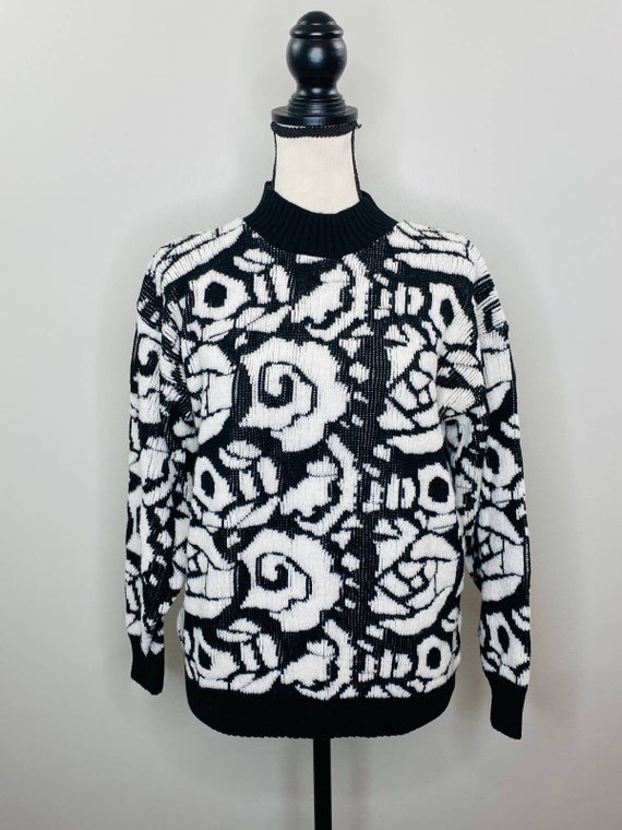 Vintage 80s Black White Sweater Women Medium Casu… - image 1