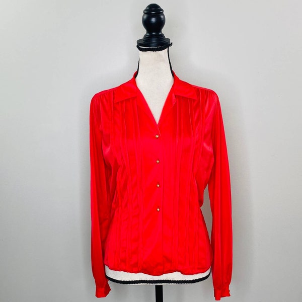 Vintage The Pilot Blouse Red Nylon Pleated Pearl Button Top Womens Medium Career