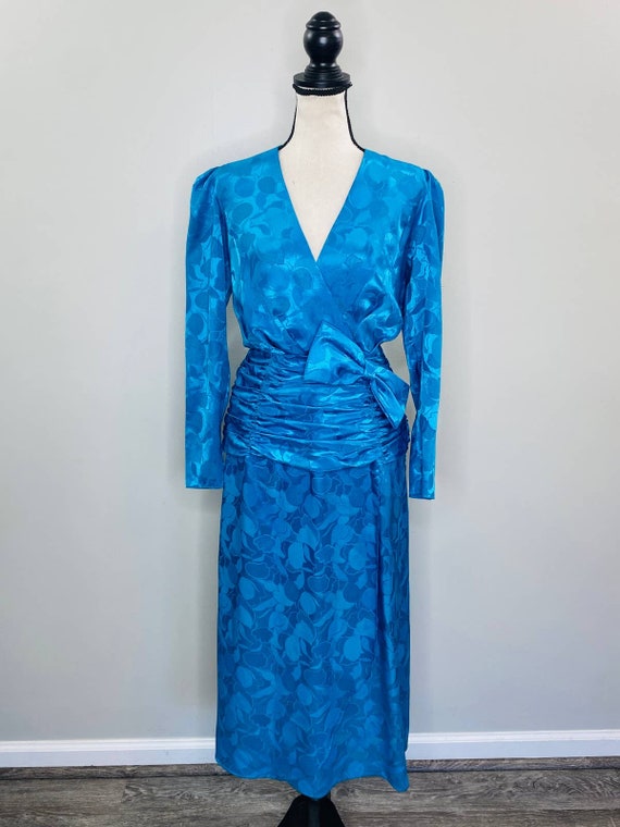 Vintage Mister Jay Floral Satin Ruched Wrap Dress… - image 1