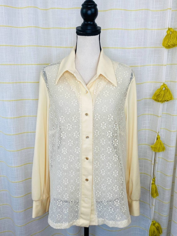 Vintage Sheer Lace Front Button Down Top XL Cottag