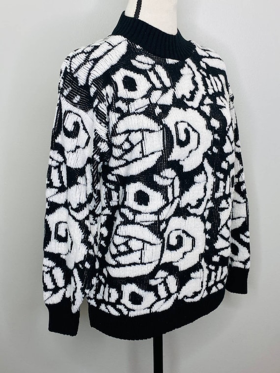 Vintage 80s Black White Sweater Women Medium Casu… - image 3