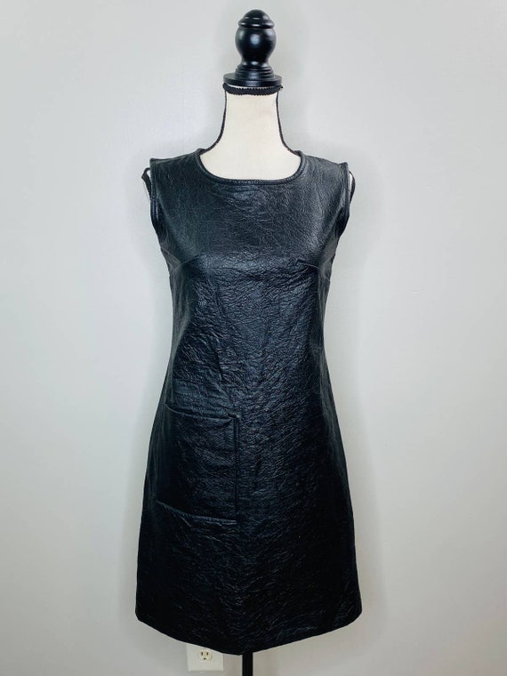 Vintage Black Faux Leather Sheath Dress Women XS G