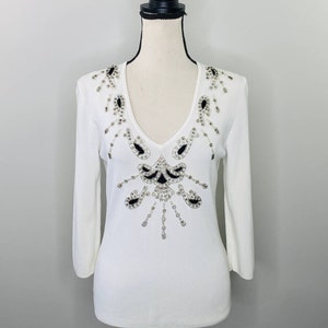 Vintage 90s Victor Costa Jeweled White Knit Top Women Small Cocktail Party Luxe