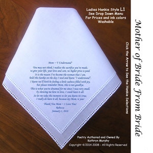 Mother of the Bride Gift Handkerchief  0118 Sign & Date Free!   5 MOB Wedding Hankerchief Styles and 8 Ink Colors.