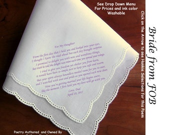 Gift for the Bride Hankie from Her Dad ~ 0605 Sign & Date Free!  5 Brides Handkerchief Styles and 8 Ink Colors. Brides Hankerchief