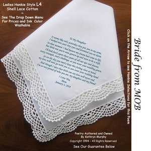 Gift for the Bride Hankie from Her Mom ~ 0606 Sign & Date Free!  5 Brides Handkerchief Styles and 8 Ink Colors. Brides Hankerchief