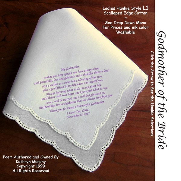 Godmother of the Bride or Groom Gift Hankie & Poem 1702  Sign and Date    Free!                5 Wedding Hankie Styles and 8 Ink Colors.