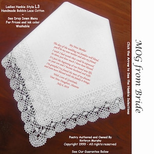 Mother of the Groom Gift Handkerchief  From Bride 0821 Sign & Date Free!  5 MOG Wedding Hankerchief Styles and 8 Ink Colors. Wedding Hankies