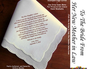 Gay Wedding ~ Gift for the Bride Hankie from Her New Mother In Law ~ L602C Sign & Date Free!  Brides Hankie