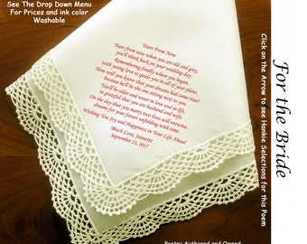 Gift for Bride Hankie from Loved One ~ 0513 Sign & Date Free!  5 Brides Handkerchief Styles and 8 Ink Colors. Brides Hankie