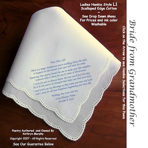 Gift for the Bride Hankie from Her Grandmother ~ 0610 Sign & Date Free!  5 Brides Handkerchief Styles and 8 Ink Colors. Brides Hankerchief