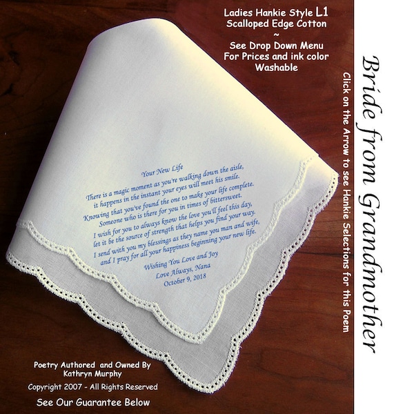 Gift for the Bride Hankie from Her Grandmother ~ 0610 Sign & Date Free!  5 Brides Handkerchief Styles and 8 Ink Colors. Brides Hankerchief