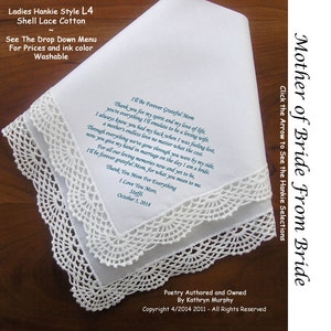 Mother of the Bride Gift Handkerchief  0123 From Bride Sign & Date for Free!   5 MOB Wedding Hankerchief Styles and 8 Ink Colors.