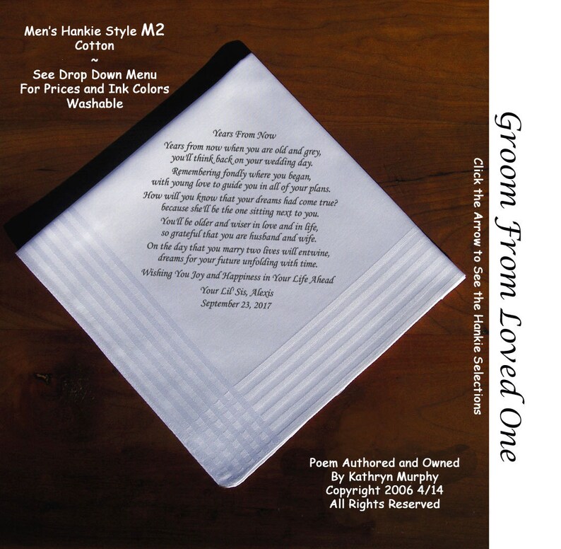 Grooms Gift Handkerchief From Loved One 0717 Sign & Date Free 2 Wedding Hankie Styles and 8 Ink Colors. Grooms Handkerchief from Bride image 1