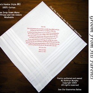 Grooms Gift Hankie From His parents  0706 Sign & Date Free!      2 Wedding Hankerchief Styles and 8 Ink Colors. Grooms Wedding Hankie