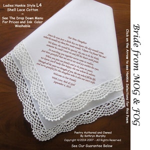 Gift for the Bride Hankie From Grooms Parents   0602A Sign & Date Free!  5 Wedding Hankerchief Styles and 8 Ink Colors. Bride Wedding Hankie