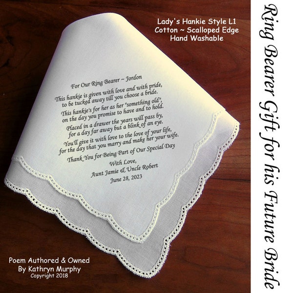 Ring Bearer Gift For His future Bride ~ 0905E  Ring Bearer Gift. This handkerchief will someday be his brides "Something Old"