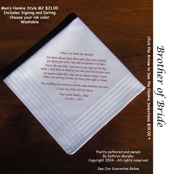 Brother of the Bride Gift Wedding Handkerchief 1103  Sign and Date For Free! ~ 8 Ink Colors Brother of Bride  Wedding hankie from the Bride
