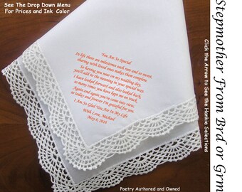 Stepmother of the Bride or Groom Gift Hankie & Poem 0403  Sign and Date                           5 Wedding Hankie Styles and 8 Ink Colors.