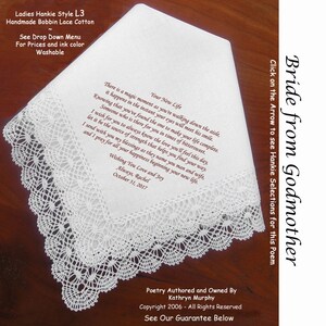 Gift for the Bride Hankie from Her Godmother ~ 0609 Sign & Date Free!  5 Brides Handkerchief Styles and 8 Ink Colors. Brides Hankerchief