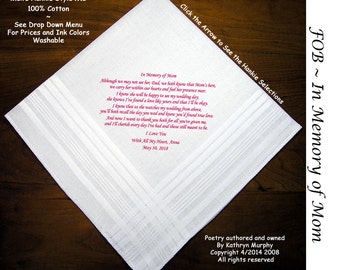 Father of the Bride Gift Handkerchief  0210 In Memory of Your Mom ~ Sign and Date for Free!  8 Ink Colors ~ FOB Handkercheif from Bride