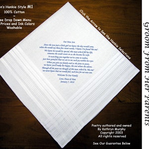 Grooms Gift Hankie From parents of the Bride 0704 Sign & Date Free 2 Wedding Hankerchief Styles and 8 Ink Colors. Grooms Wedding Hankie image 1