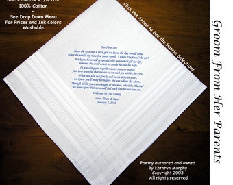 Grooms Gift Hankie From parents of the Bride 0704 Sign & Date Free!     2 Wedding Hankerchief Styles and 8 Ink Colors. Grooms Wedding Hankie