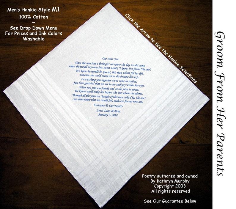 Grooms Gift Hankie From parents of the Bride 0704 Sign & Date Free 2 Wedding Hankerchief Styles and 8 Ink Colors. Grooms Wedding Hankie image 1