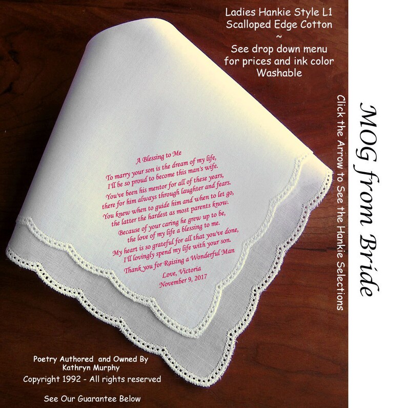 Mother of the Groom Hankie From the Bride 0802 Sign & Date Free 5 MOG Wedding Hankerchief Styles and 8 Ink Colors. image 1