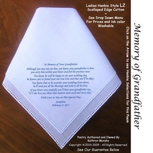 Gift for the Bride Hankie In Memory of Her Grandfather 0512 Sign & Date Free 5 Brides Handkerchief Styles / 8 Ink Colors. Brides Hankie image 1